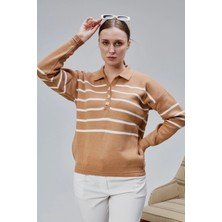 Lugmo Kadın Polo Yaka Oversize Çizgili 4 Düğmeli Triko Kazak Vizon