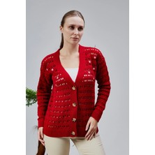 Lugmo Kadın Triko Hırka Çiçek Nakışlı Delikli Standart Beden Kırmızı