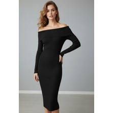 Ys Kadın Siyah Madonna Yaka Uzun Elbise