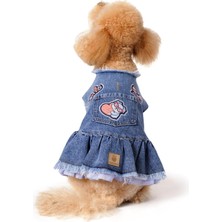 FOURAMOUR Mavi Etekli Koyu Kar Yıkama Denim Köpek Elbisesi “Girls”
