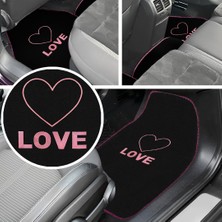 Kalp ve Aşk Desenli Pembe Nakışlı 5'li Oto Halı Paspas Seti | Love Yazı Detaylı Araba Paspas Takımı