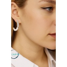 Ocean Desing İncili Zirkon Taşlı Gümüş Renk Pirinç Halka Kadın Küpe | Şık & Zarif Tasarım