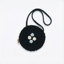 Rug Muse El Örgüsü Kız Çocuk Omuz Çantası - Midnight Blue - Çiçekli Yuvarlak - Siyah