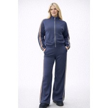 Sibel Günay Butik Şerit Detaylı Viskoz Kumaş Fermuarlı Kadın Lacivert Eşofman Takımı