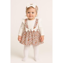 Dinamik çocuk Kız Bebek Kalp Çiçek Raporlu Fiyonk Detaylı Bandanalı Alttan Çıtçıtlı Badili Salopet Elbise 3lü Takım 0-3-6-9-12AY