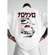 Afri Evo Desenli Japon Stil Unisex Oversize Tişört - Premium Süprem Kumaş - Beyaz Car Design