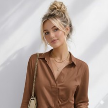 Ribana Classic Kadın Uzun Kol Kruvazr Yaka Basic Beli Lastik Detaylı Saten Crop Gömlek Bluz