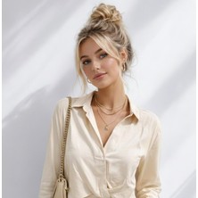 Ribana Classic Kadın Uzun Kol Kruvazr Yaka Basic Beli Lastik Detaylı Saten Crop Gömlek Bluz