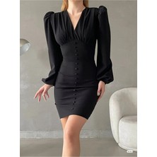 Merlavin Kadın Balon Kol Önü Düğme Detaylı Krep Kumaş Mini Elbise