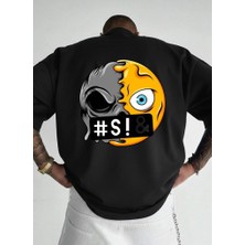 Afri Cyber Skull Emoji Baskılı Oversize T-Shirt - %100 Pamuk Süprem - Siyah Grafik Tişört