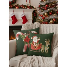 Dörtel Tedarik Çift Taraflı Dijital Baskı Fermuarlı Noel Baba Geyiği 2'li Yastık Kılıfı, Kırlent Kılıfı 43x43 cm