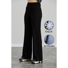 Olizza Kadın Siyah Kışlık Modal Bol Paça Çımalı Yüksek Bel Beli Lastikli Yumuşak Dokulu Likralı Pantolon