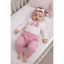 Dinamik çocuk Kalp Desenli Fiyonklu Kız Bebek 3'lü Takım (Çıtçıtlı Badi+Alt+Bandana) 0-3AY/3-6AY