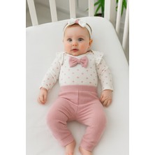 Dinamik çocuk Kalp Desenli Fiyonklu Kız Bebek 3'lü Takım (Çıtçıtlı Badi+Alt+Bandana) 0-3AY/3-6AY