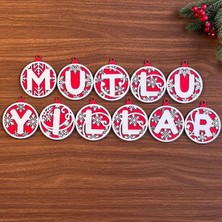 Just Cheap Store 11 Harfli Kırmızı Beyaz Ipli Mutlu Yıllar Yazılı Ahşap Yılbaşı Ağaç Süsü