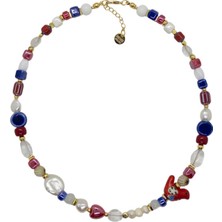 Merse Atelier Mavi Kırmızı Beyaz Doğal Taşlı Seramik ve Incili Kırmızı Kuş Figürlü Kolye