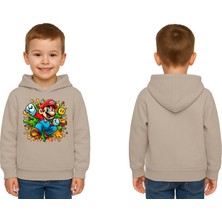 Sedirli Unisex Super Marıo Baskılı Çocuk Swaetshirt Kapşonlu 3 Iplik Şardonlu