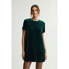 Love My Body Taş Detaylı Kısa Kollu Kadife Elbise Yeşil 124L9793000