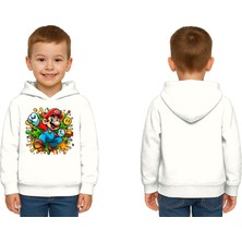 Sedirli Unisex Super Marıo Baskılı Çocuk Swaetshirt Kapşonlu 3 Iplik Şardonlu