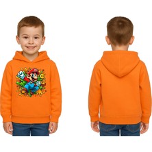 Sedirli Unisex Super Marıo Baskılı Çocuk Swaetshirt Kapşonlu 3 Iplik Şardonlu