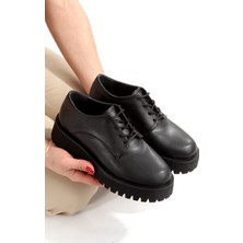 Modabuymus Siyah Mat Bağcıklı Hafif Kalın Tabanlı Oxford Kadın Ayakkabı Loetse