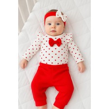 Dinamik çocuk Kalp Desenli Fiyonklu Kız Bebek 3'lü Takım (Çıtçıtlı Badi+Alt+Bandana) 0-3AY/3-6AY