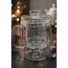 Borosilikat Cam Süzgeçli Cam Kapaklı Bitki Çayı Kupası 450 ml