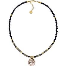 Merse Ateliersiyah Akik ve Jasper Doğal Taşlı Altın Rengi Kaplama Charm Detaylı Kolye