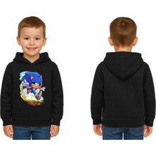 Sedirli Unisex Sonic Baskılı Çocuk Swaetshirt Kapşonlu 3 Iplik Şardonlu