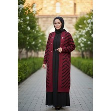 Yusgos Kadın Tesettür Düğme Detaylı Uzun Çizgili Hırka Gri Standart