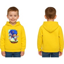 Sedirli Unisex Sonic Baskılı Çocuk Swaetshirt Kapşonlu 3 Iplik Şardonlu