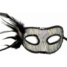 Siyah Renk Yandan Tüylü Pul Payet Işlemeli Parti Maskesi 23X12 cm