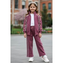 Miniğimin Cicileri Nakış Detaylı Fermuarlı Kız Çocuk Eşofman Takımı - Mürdüm