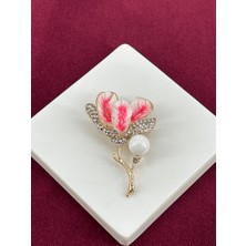 Calista Aksesuar Pembe Yapraklı Gümüş Taşlı Inci Detaylı Gold Broş