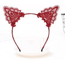 Dantelli Kırmızı Kedi Tacı - Vintage Tarz Dantel Kedi Kulak