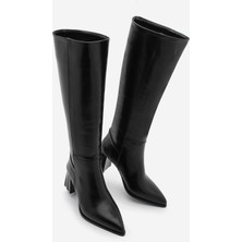 Marjin Kadın Sivri Burun Kalın Topuklu Fermuarsız Topuklu Çizme Runava Siyah