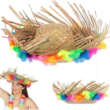 Naturel Renk Püsküllü Örme Hasır Hawaii Luau Aloha Şapka 13X36 cm