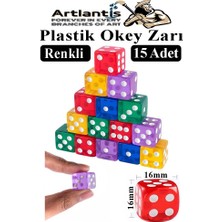 Artlantis Okey Zarı 15 Adet Renkli Oyun Zarı Plastik Akrilik 16 mm Şeffaf Zar Masa Oyunları Zarı Eğlence