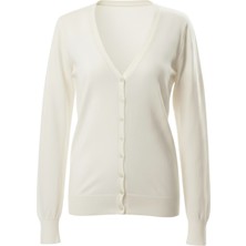 Asel Buutiks Ekru V Yaka Düğmeli Basic Triko Kadın Hırka