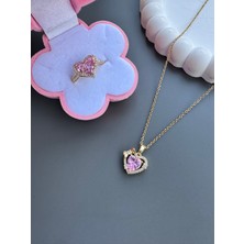 Pembe Kalpli Çelik Kolye Yüzük Seti