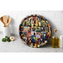 Atagift Hediyelik Vintage Sanat Kedi Figürlü Yuvarlak Metal  Çay Kahve Sunum Tepsisi 35CM
