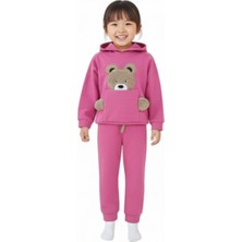 Fancy Kids Antalya Kız Çocuk Eşofman Takımı Vişne Renk Peluş Ayıcık Baskılı Rahat Kumaş