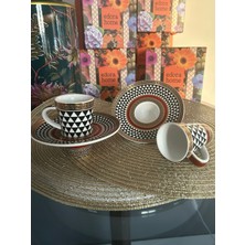 Türk Kahvesi Fincan Takımı Siyah Beyaz Desenli Bordo Çerçeveli 2 Kişilik 4 Parça