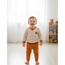 Yusgos Çizgili Aylık Ayıcıklı Erkek Bebek Takım Turuncu 9 - 12 Ay