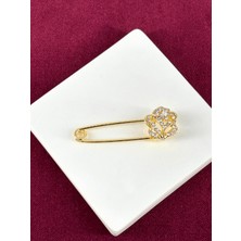 Calista Aksesuar Gümüş Parlak Taşlı Çiçekli Çengelli Igne Gold Broş