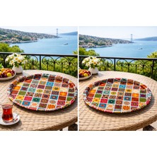 Atagift Hediyelik Renkli Seramik Karo Desenli Yuvarlak Metal Çay Kahve  Sunum Tepsisi – 35 cm