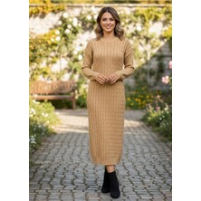 Yusgos Bisiklet Yaka Saç Örgülü Triko Midi Elbise Bej Standart