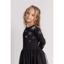 Queen Kids Kız Çocuk Tütülü Yıldızlı   Elbise Siyah