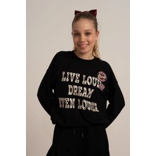 Queen Kids Queenkids Kız Çocuk 7863  Sweat Yazı Baskılı Siyah