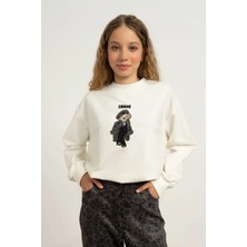 Queen Kids  Kız Çocuk 7866  Sweat Swank Nakışlı Ekru-Antrasit
